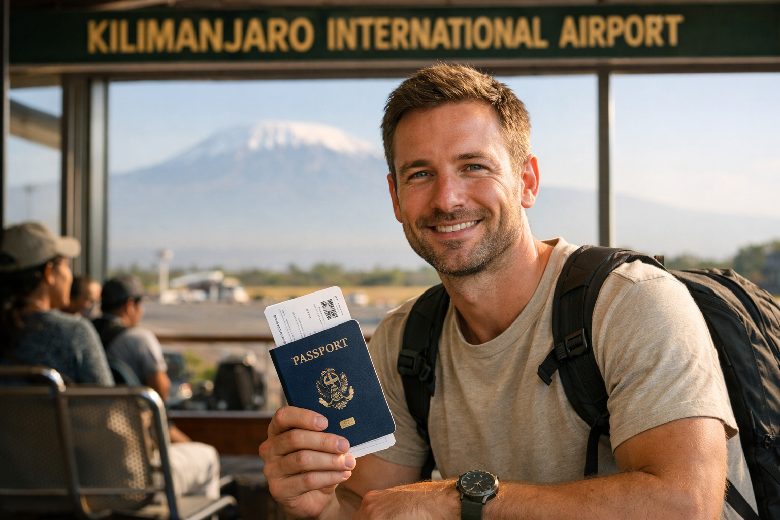 Traveler arriving at Kilimanjaro International Airport with passport and boarding pass before a Kilimanjaro climb.