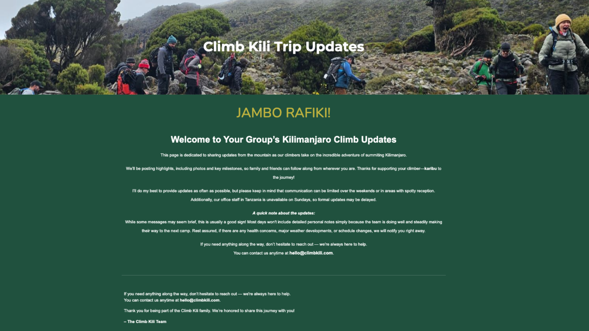 Climb Kili trip updates page — daily reports sent to friends and family back home